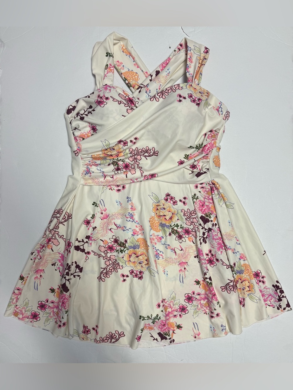 Coco Pear Cream Floral One-Piece Swimsuit with built in shorts, women’s size L